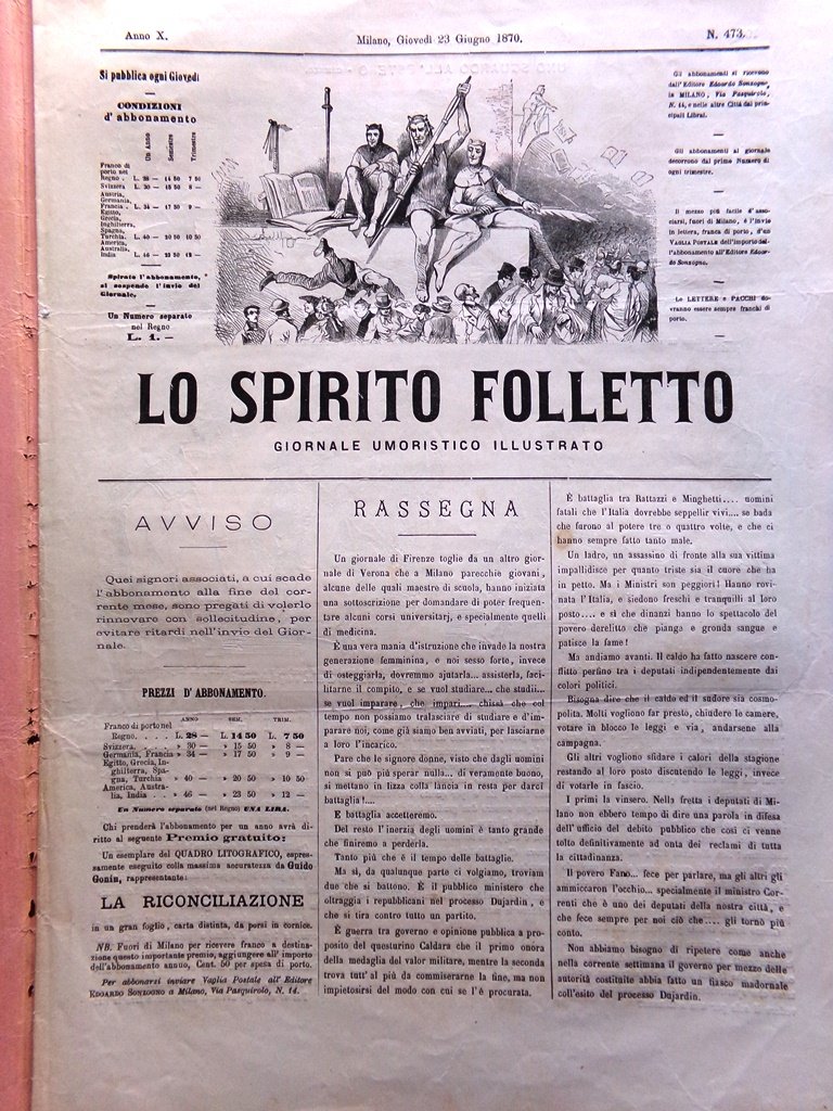 Spirito Folletto del 23 Giugno 1870 Giurati Mietitrice Ultimo Merlo …