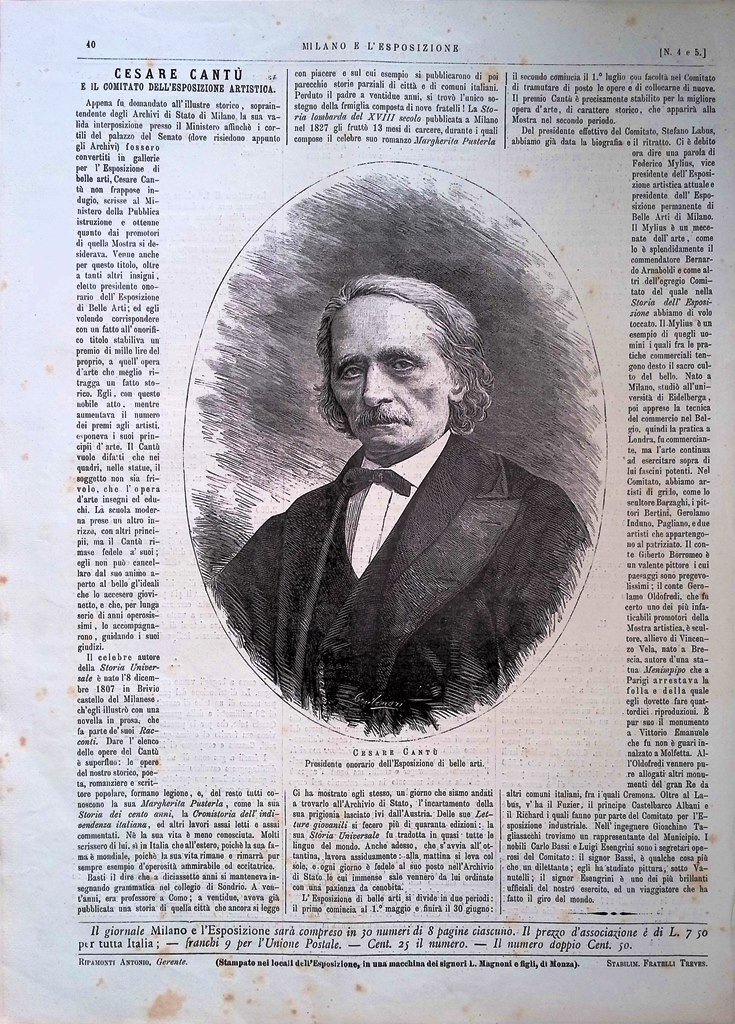 Stampa del 1881 Cesare Cantù Comitato Esposizione Artistica