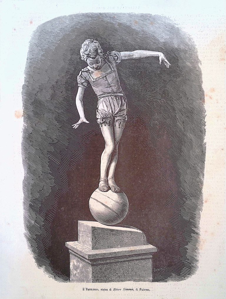 Stampa del 1881 Equilibrio statua Ettore Ximenes Esposizione Milano