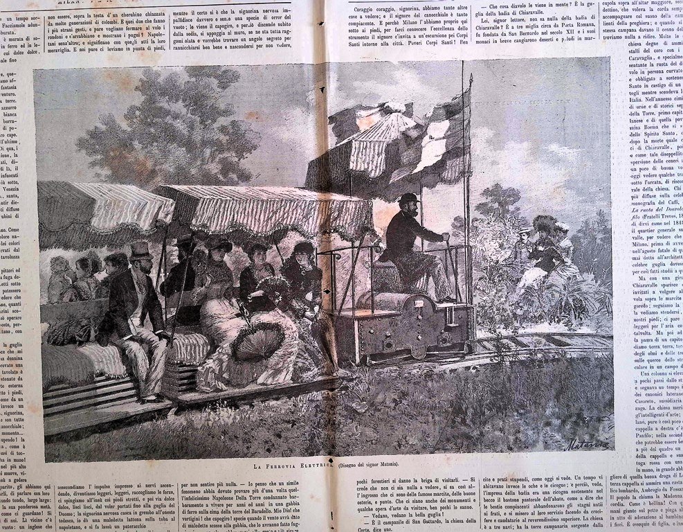 Stampa del 1881 La Ferrovia Elettrica Matania Esposizione Milano