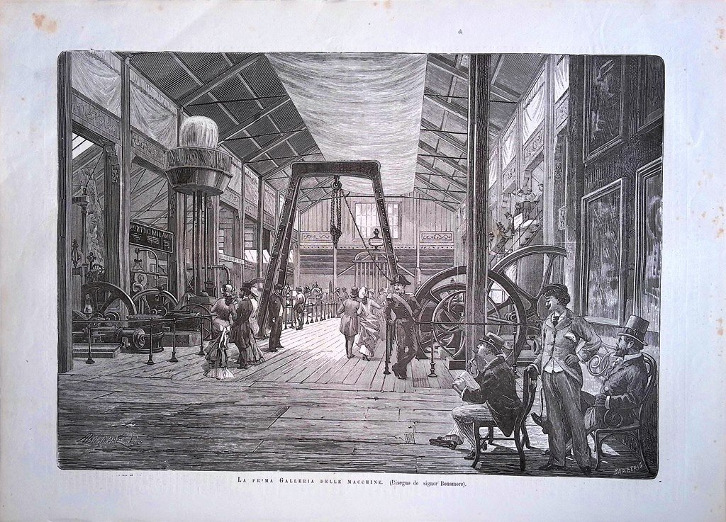 Stampa del 1881 Prima Galleria delle Macchine Bonamore Esposizione