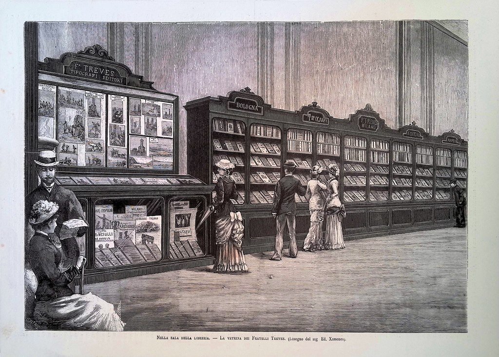 Stampa del 1881 Sala della Libreria Fratelli Treves Vetrina Ximenes …