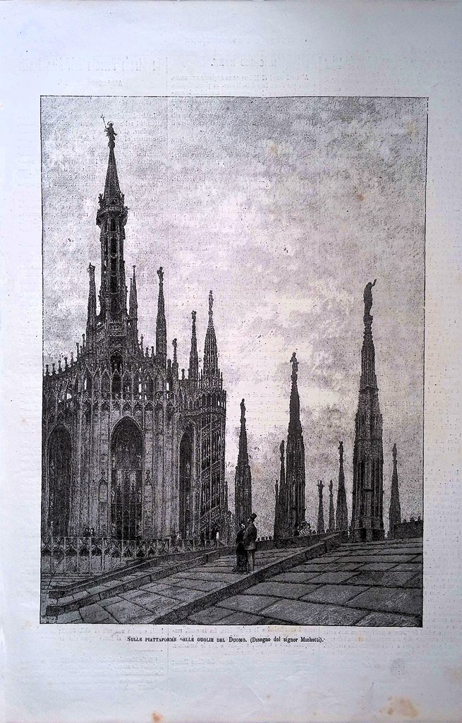 Stampa del 1881 Sulle Piattaforme delle Guglie del Duomo Milano …