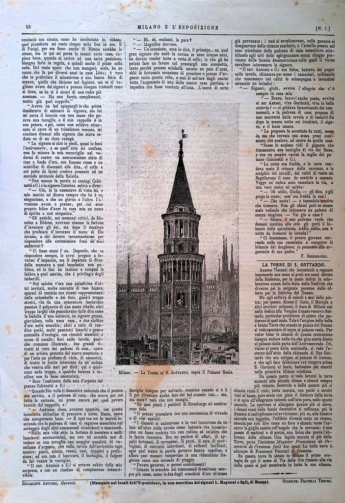 Stampa del 1881 Torre di San Gottardo Milano Palazzo Reale