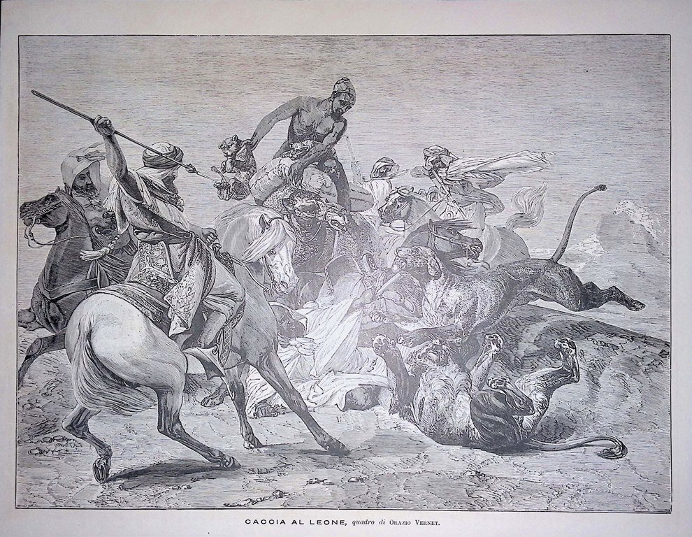 Stampa del 1889 Caccia al Leone quadro di Orazio Vernet …