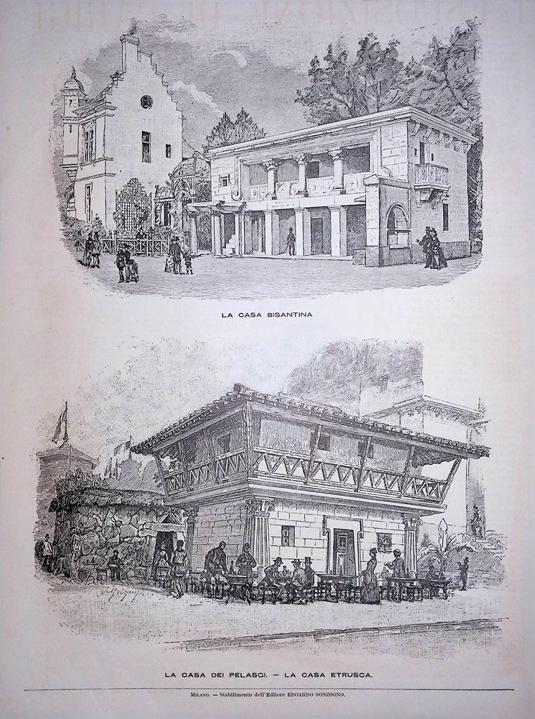 Stampa del 1889 Casa Bisantina Casa dei Pelasgi Etrusca Esposizione …