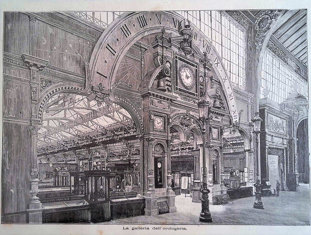 Stampa del 1889 Esposizione di Parigi Galleria dell' Orologeria