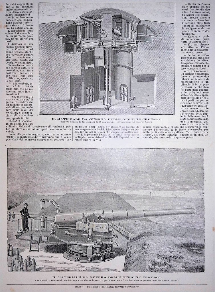 Stampa del 1889 Il materiale da guerra delle officine Creusot …