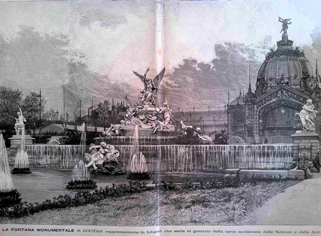 Stampa del 1889La fontana monumentale di Coutan Libertà Governo Scienze …