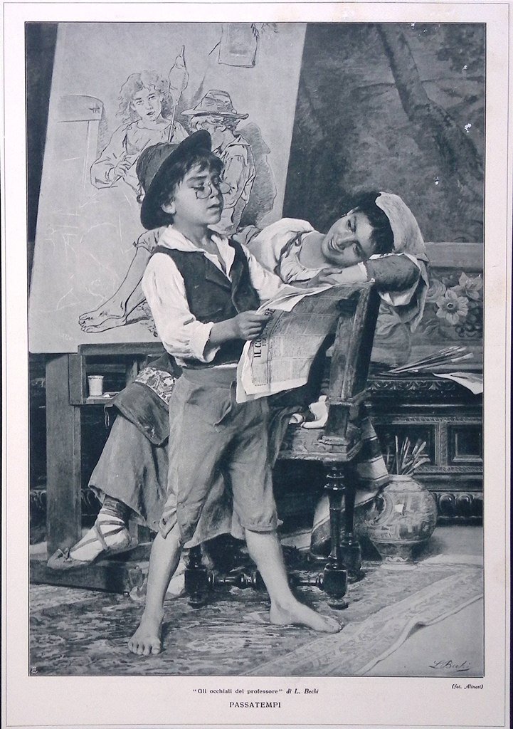 Stampa del 1926 Passatempi Occhiali Professore Luigi Bechi A scuola …