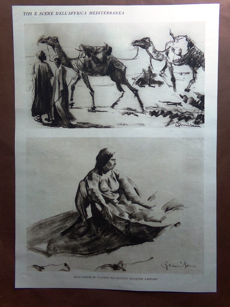 Stampa del 1927 Africa Mediterranea Giuseppe Amisani Album Viaggio Cammelli