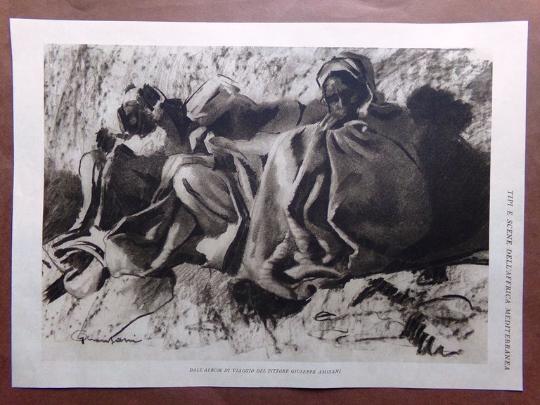 Stampa del 1927 Africa Mediterranea Giuseppe Amisani Album Viaggio Cammelli