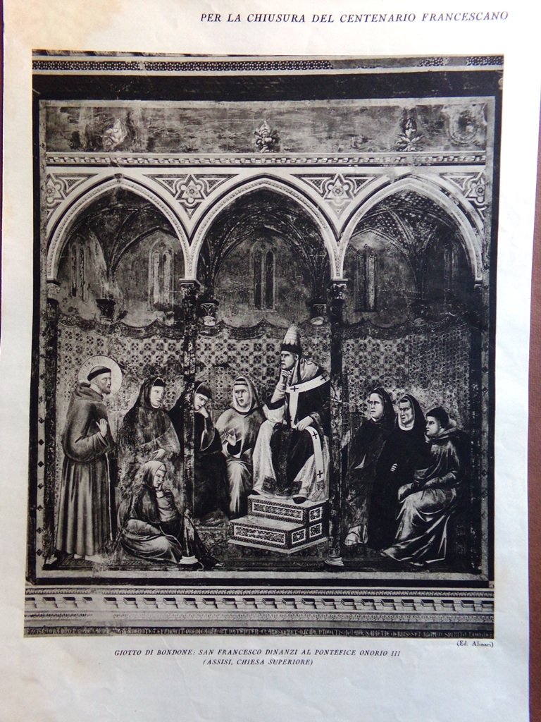Stampa del 1927 Centenario Francescano Giotto Bondone Gozzoli Maiano Onorio …