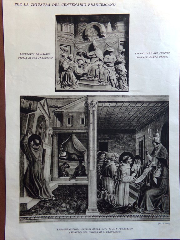 Stampa del 1927 Centenario Francescano Giotto Bondone Gozzoli Maiano Onorio …
