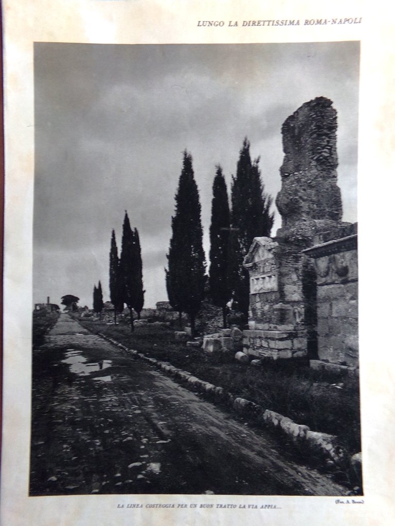 Stampa del 1927 Direttissima Roma Napoli Acquedotto Claudio Via Appia