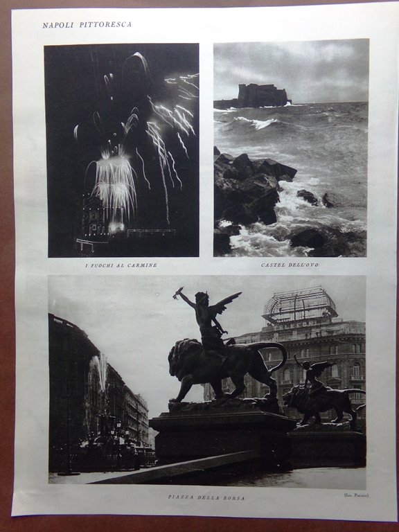 Stampa del 1927 Napoli Clivi Posillipo Castel Dell'Ovo Piazza Borsa …