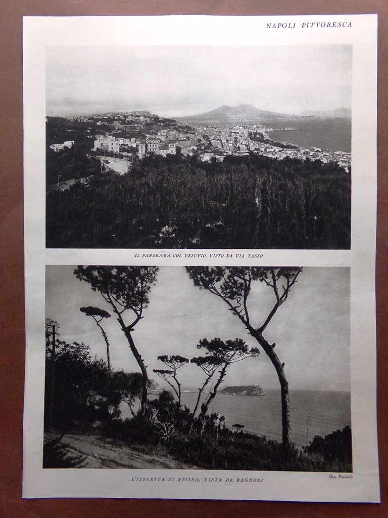 Stampa del 1927 Napoli Clivi Vesuvio Isola Nisida Lago Lucrino …