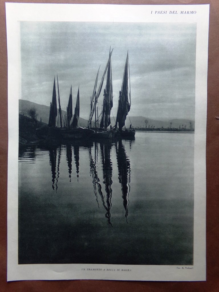Stampa del 1927 Paesi Marmo Carrara Tramonto Bocca di Magra …