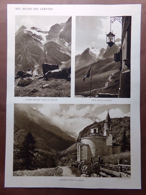 Stampa del 1927 Regno del Cervino Lago Azzurro Pascoli Creton …