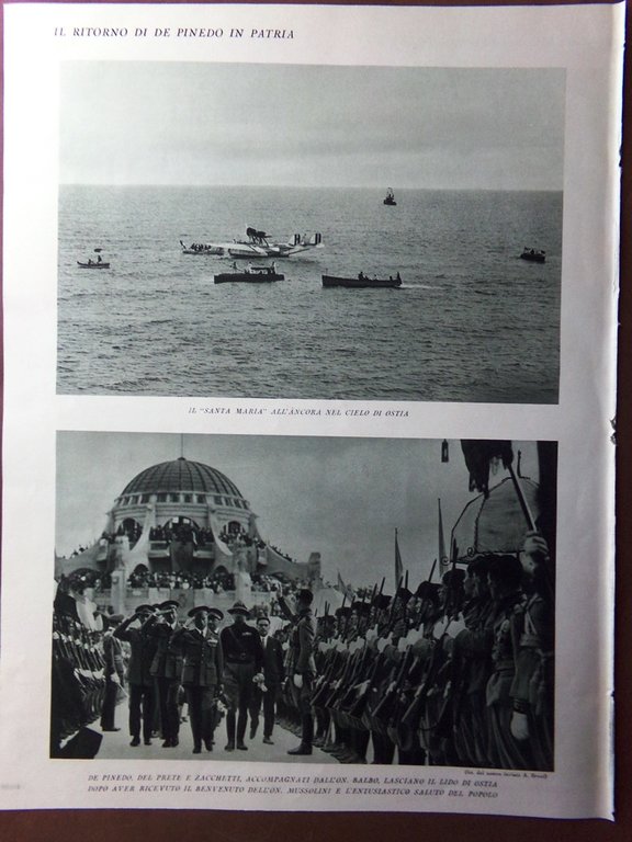 Stampa del 1927 Ritorno di De Pinedo Lido Ostia Del …