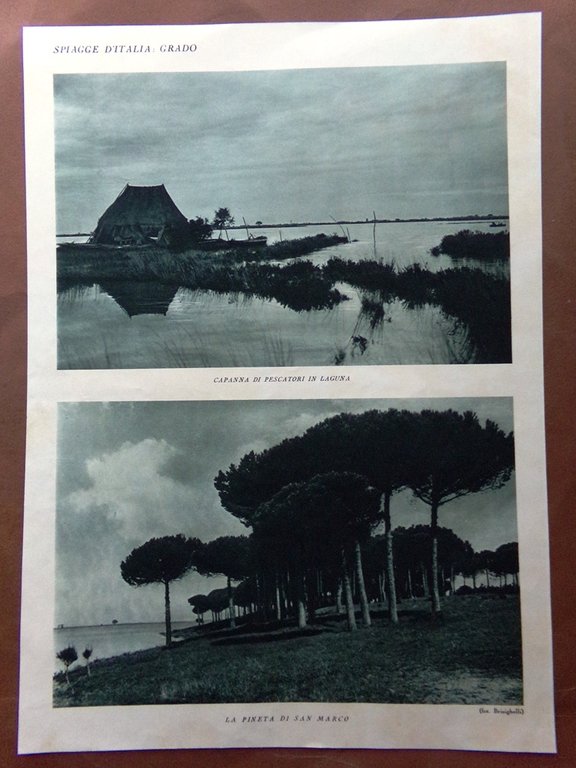 Stampa del 1927 Spiagge d'Italia Grado Laguna Pescatori San Marco