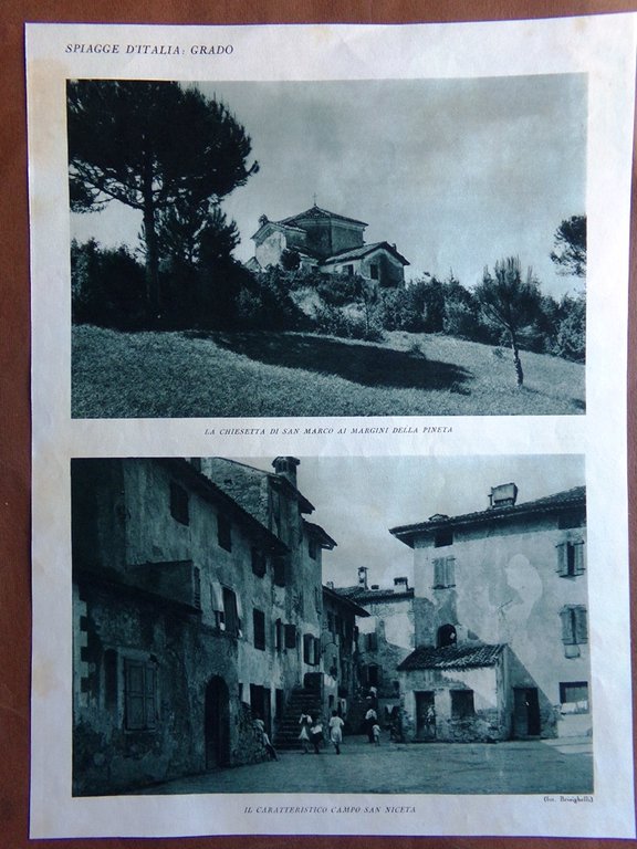 Stampa del 1927 Spiagge d'Italia Grado Velieri Chiesa San Marco …