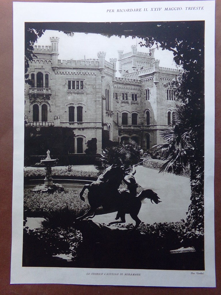 Stampa del 1927 Trieste Castello Miramare Navi all'ancora nel Porto