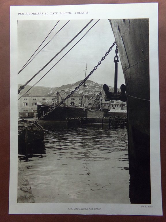Stampa del 1927 Trieste Castello Miramare Navi all'ancora nel Porto