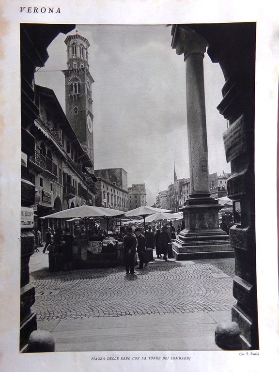 Stampa del 1927 Verona Arena Via Mazzini Piazza Erbe Torre …
