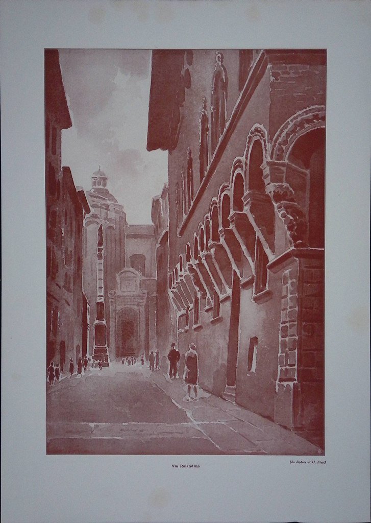 Stampa del 1927 Via Rolandino Bologna Fiori Palazzo Bevilacqua