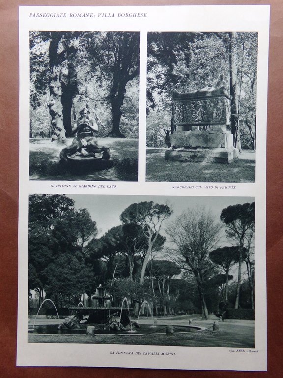 Stampa del 1927 Villa Borghese Fontana Cavalli Marini Fetonte Tritone …