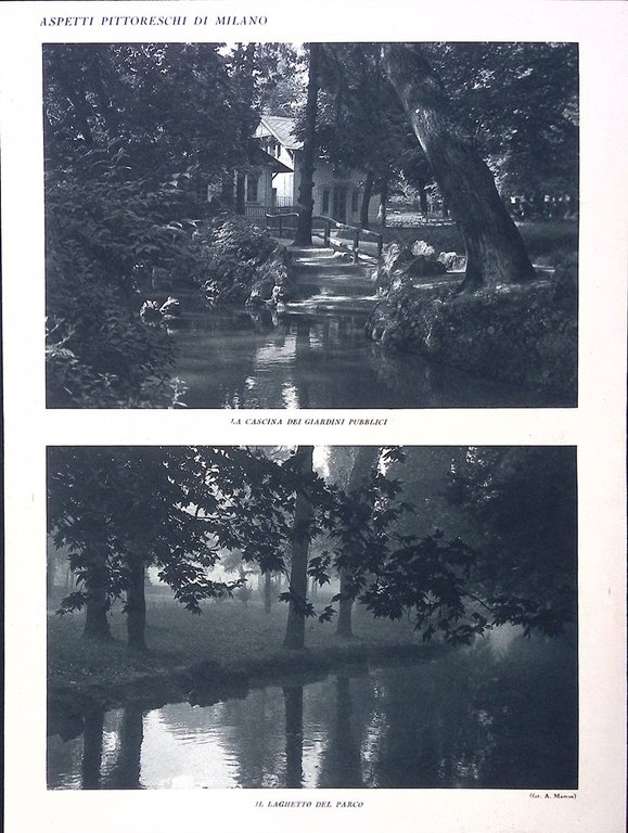 Stampa del 1928 Aspetti di Milano Giardini Pubblici Laghetto Parco …