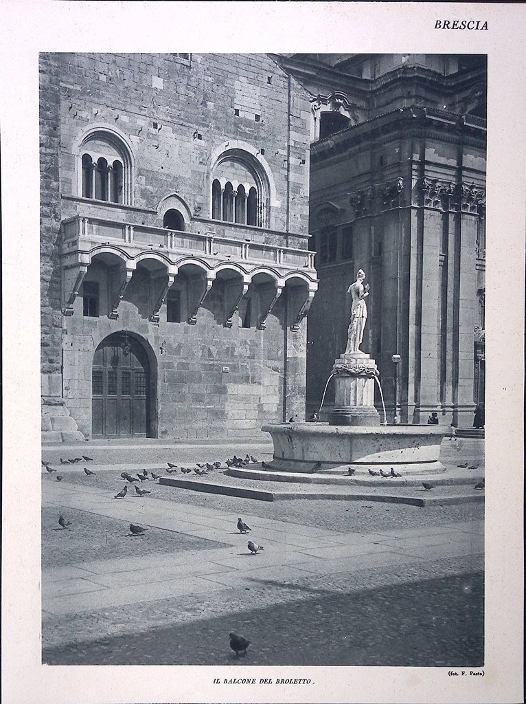 Stampa del 1928 Brescia Balcone del Broletto Piazza Loggia Chiesa …