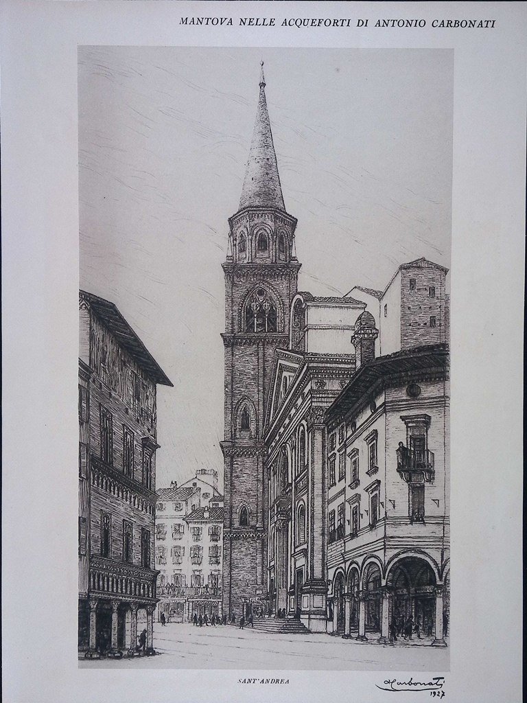Stampa del 1928 Mantova Acqueforti di Carbonati Sant'Andrea Voltone Sordello