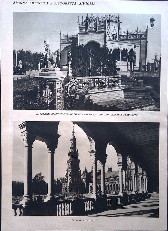 Stampa del 1928 Spagna Pittoresca Siviglia Monumento Colombo Cervantes Piazza | Immagine Gallery 2