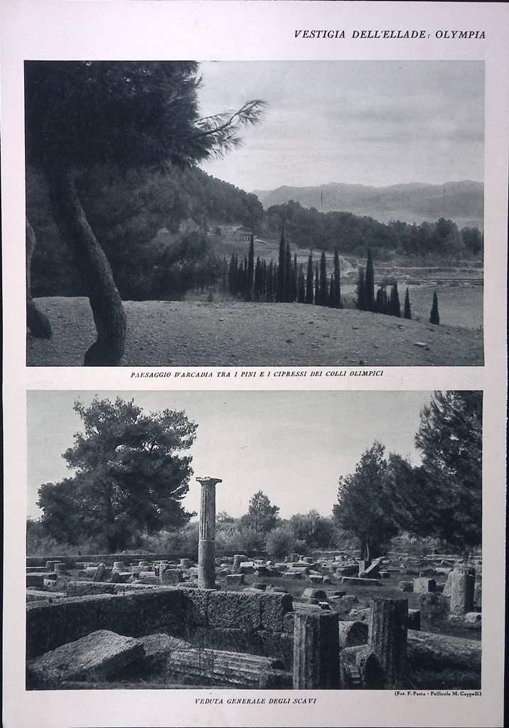Stampa del 1928 Vestigia Ellade Olympia Colli Veduta Scavi Colonne …