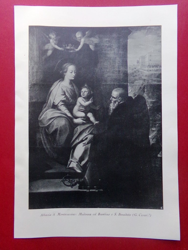 Stampa del 1929 Abbazia di Montecassino Madonna col Bambino Benedetto …