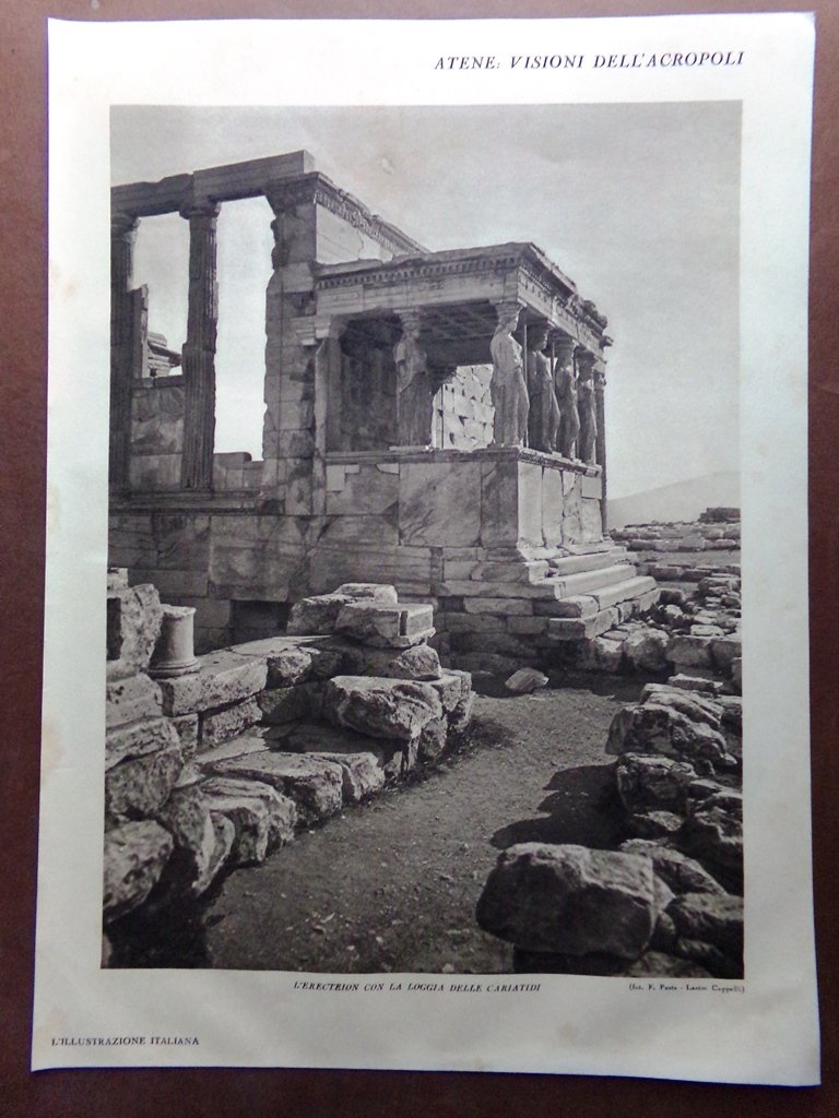 Stampa del 1929 Atene Acropoli Erecteion Cariatidi Nike Partenone Propilei