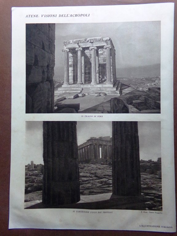 Stampa del 1929 Atene Acropoli Erecteion Cariatidi Nike Partenone Propilei