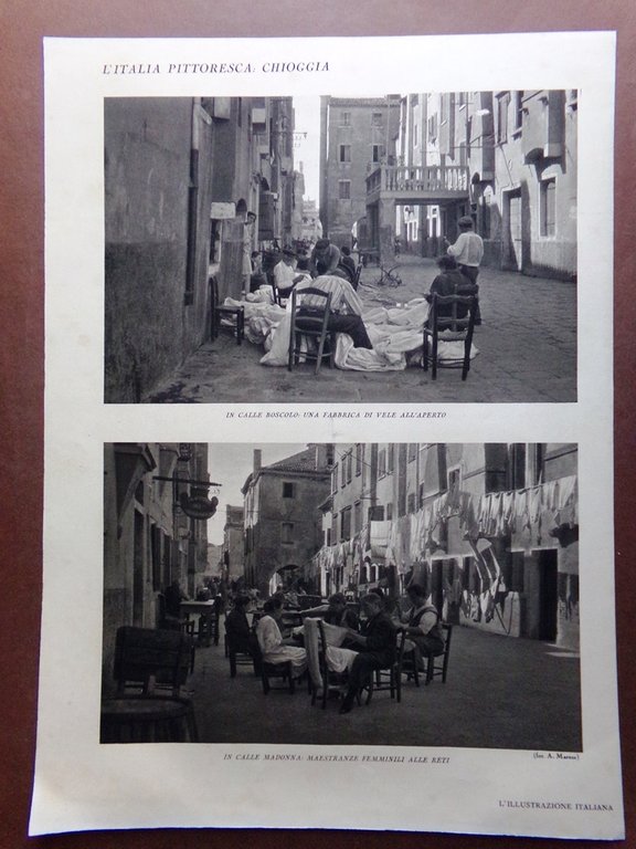 Stampa del 1929 Chioggia San domenico calle fabbrica vele