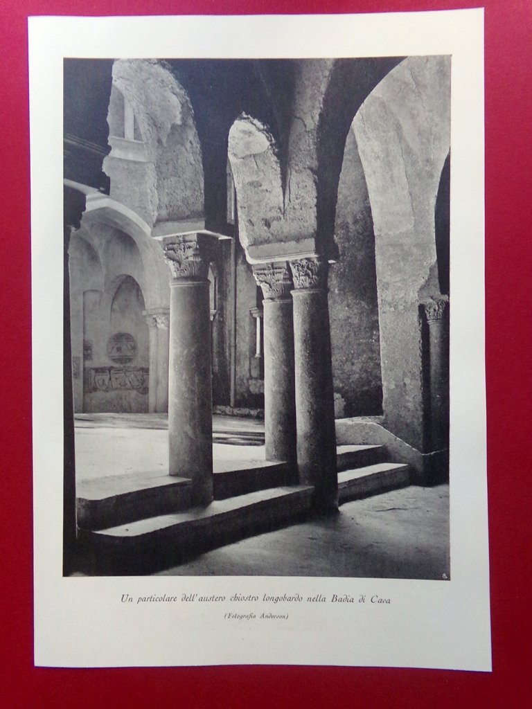 Stampa del 1929 Chiostro Longobardo Badia di Cava Particolare