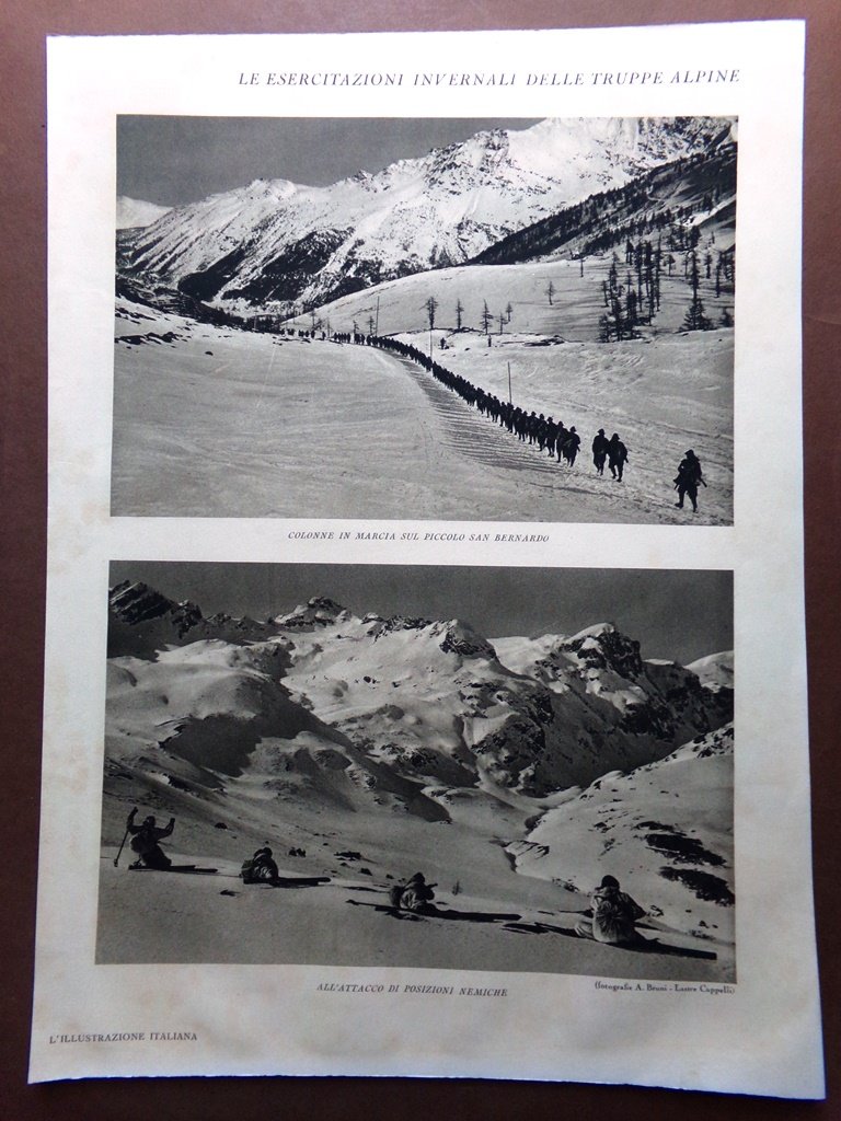 Stampa del 1929 Esercitazioni truppe alpine Marcia San Bernardo Azione …