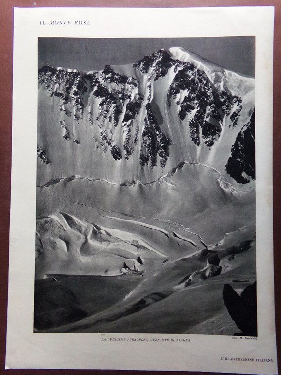 Stampa del 1929 Monte Rosa Macugnaga Vincent Pyramide Alagna