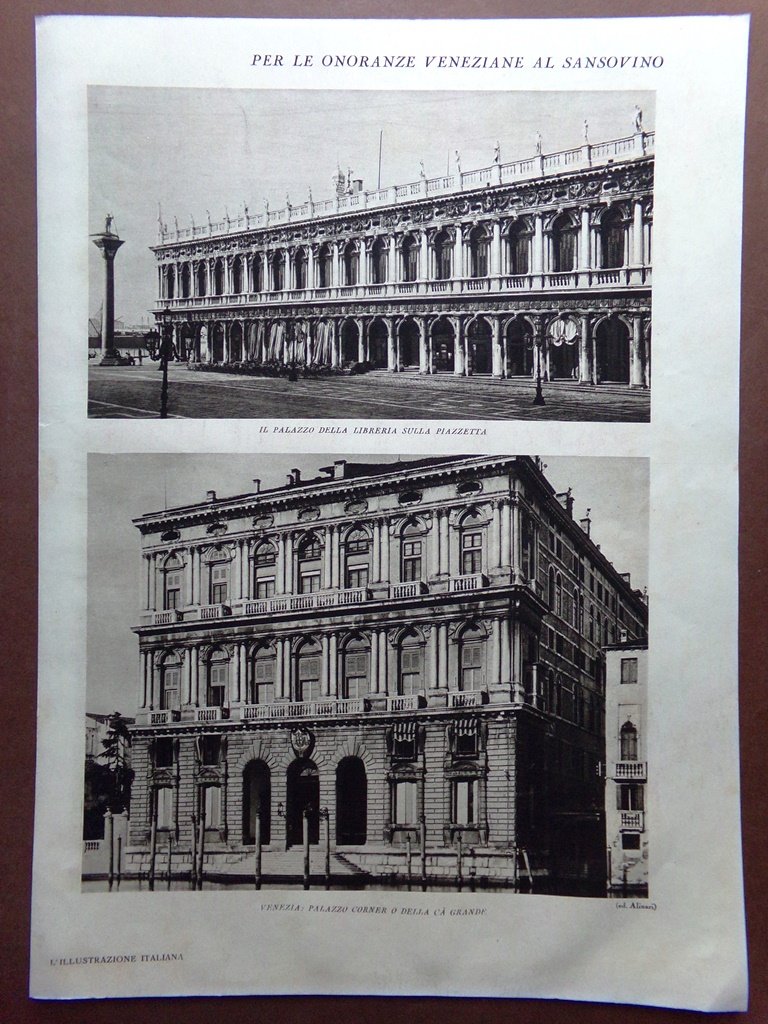 Stampa del 1929 Sansovino Libreria Palazzo Corner Statua Carità Venezia …