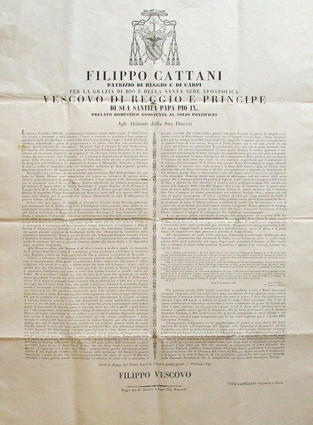 Bando di Indulgenza Plenaria. Filippo Cattani, patrizio di Reggio e …