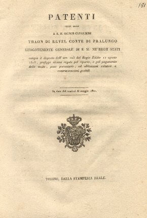 Patenti colle quali S. E. Thaon Di Revel Luogotenente Generale …