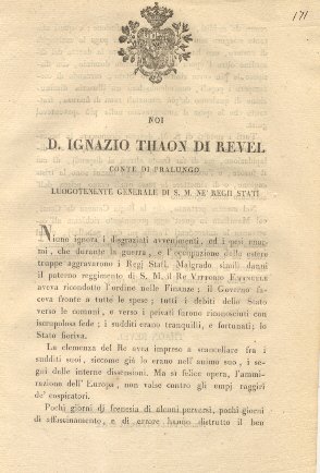 Manifesto di D. Ignazio Thaon di Revel col quale richiama …