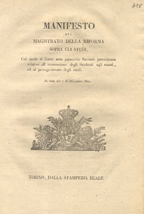 Manifesto del magistrato della Riforma sopra gli Studi, col quale …
