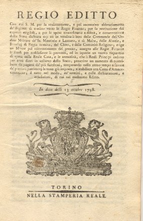 Regio Editto con cui S.M. dichiara esposti in vendita li …