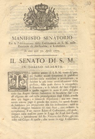 Manifesto Senatorio riguardo la Pubblicazione delle Costituzioni di S.M.30 aprile …